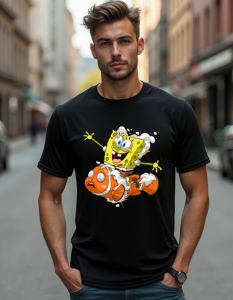 Bărbat purtând un tricou negru cu un desen al lui SpongeBob și al peștelui Nemo, amândoi zâmbind și plini de entuziasm.