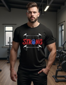Bărbat purtând un tricou negru cu un design care include două gantere paralele și textul 'STRONG' în roșu, cu o imagine de kettlebell albastră în locul literei 'O', într-o sală de sport.