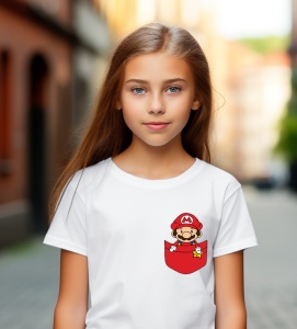 Tricou personalizat pentru copii din bumbac 100% cu imprimeu de buzunar - Mario simpatic din jocurile video - Cadou perfect pentru fanii Nintendo - Img 3