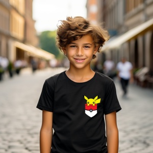 Tricou personalizat pentru copii din bumbac 100% cu Pikachu în buzunar - Tricou tematic Pokemon, Cadou pentru fani Pikachu