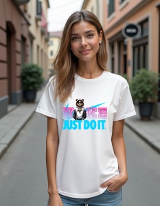 Tricou alb purtat de o femeie, având un design care integrează logo-ul 'Nike' stilizat și sloganul 'Just Do It' în culori roz și albastru deschis, însoțit de un personaj animat simpatic în partea de sus a logo-ului.