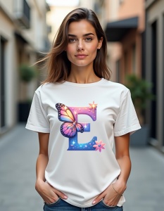 Tricou personalizat pentru dama din bumbac 100% - Butterfly - Litera E