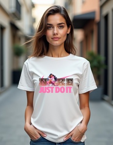 Tricou alb purtat de o femeie, decorat cu un design pe piept ce include logo-ul 'Nike' în nuanțe de roz și maro, împreună cu sloganul 'Just Do It' scris cu litere roz. Designul integrează un personaj animat stilizat, poziționat deasupra logo-ului, adăugân