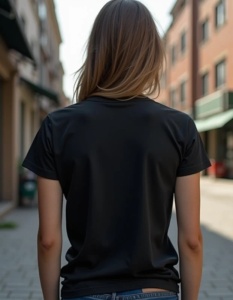Spatele unei femei care poartă un tricou negru, fotografiată pe o stradă urbană, cu clădiri și mașini în fundalul estompat.
