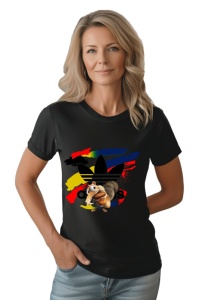 Femeie zâmbitoare purtând un tricou negru cu un design de personaj animat din Ice Age în fața unui logo stilizat Adidas și fundal de culori vibrante