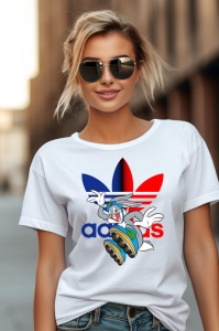 Femeie purtând ochelari de soare și un tricou alb cu un design colorat care îl arată pe Bugs Bunny, alături de un logo Adidas în culorile albastru și roșu.