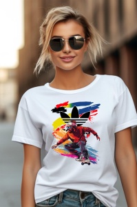 Femeie purtând ochelari de soare și un tricou alb cu un design de skater colorat în fața unui logo stilizat Adidas, cu elemente grafice abstracte și vibrante