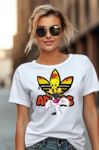 Femeie purtând ochelari de soare și un tricou alb cu un design de personaj animat galben deasupra unui logo stilizat Adidas, alături de un personaj animat alb dedesubt