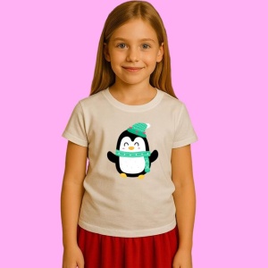 Tricou Pinguin Cu Caciula Si Fular Verde, din bumbac 100%, tricou alb, Copii | Dama | Barbat - Img 3