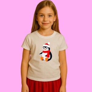 Tricou Pinguin Cu Fular Rosu 2, din bumbac 100%, tricou alb, Copii | Dama | Barbat