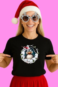 Tricou Pinguin Cu Fundal Alb Si Privire Vesela Craciun, din bumbac 100% Copii | Dama | Barbat - Img 2