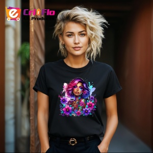 Tricou Pink hair tattoo girl floral power, fata cu par roz si putere florala, Copii | Dama | Barbat , tricou negru
