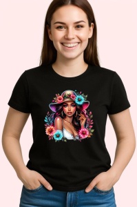 Tricou Pink hat floral lady, doamna cu palarie roz si flori, Copii | Dama | Barbat , tricou negru - Img 3