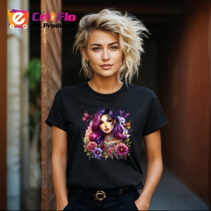 Tricou Pink purple hair girl flower tattoo, fata par roz mov cu tatuaj floral, Copii | Dama | Barbat , tricou negru - Img 8