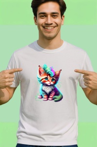 Tricou Pisica alba albastra cu detalii curcubeu si fundita Copii | Dama | Barbat - Img 2