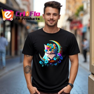 Tricou Pisica alba cu flori albastre si ochelari fundal alb Copii | Dama | Barbat, culoare negru - Img 6