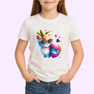 Tricou Pisica alba cu flori galbene si fundal curat Copii | Dama | Barbat