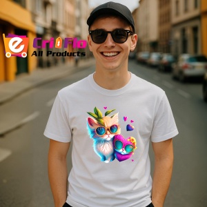 Tricou Pisica alba cu flori galbene si fundal curat Copii | Dama | Barbat - Img 5