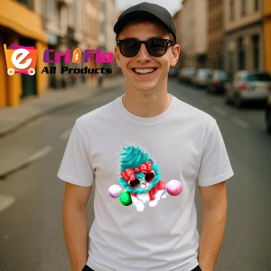 Tricou Pisica alba cu fundal albastru si fundita rosie Copii | Dama | Barbat - Img 6