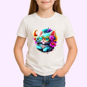 Tricou Pisica alba pe luna cu flori albastre fundal deschis Copii | Dama | Barbat - Img 4
