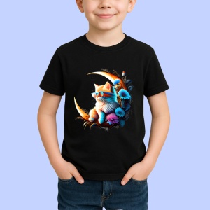 Tricou Pisica alba portocalie pe luna si flori albastre Copii | Dama | Barbat, culoare negru - Img 4