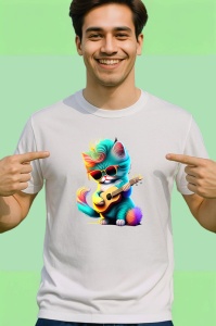 Tricou Pisica albastra cu chitara galbena si ochelari mari Copii | Dama | Barbat - Img 2