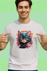 Tricou Pisica albastra cu flori roz fundal artistic Copii | Dama | Barbat - Img 2