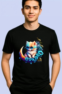 Tricou Pisica albastra pe luna cu flori fundal alb Copii | Dama | Barbat, culoare negru