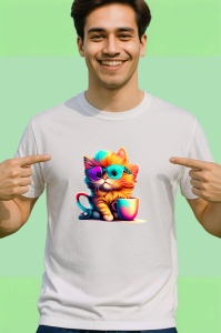 Tricou Pisica colorata cu ochelari si cana portocalie Copii | Dama | Barbat