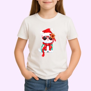 Tricou Pisica Craciun cu baston rosu si esarfa cu buline Copii | Dama | Barbat - Img 3