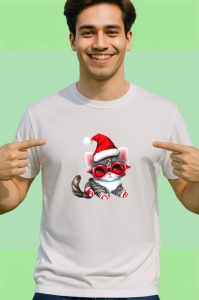 Tricou Pisica Craciun cu caciula si ochelari rosii Copii | Dama | Barbat