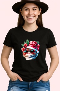 Tricou Pisica Craciun cu floare rosie si ochelari fundal alb Copii | Dama | Barbat, culoare negru - Img 3