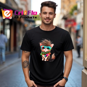 Tricou Pisica Craciun cu ochelari si decoratiuni colorate Copii | Dama | Barbat, culoare negru - Img 6