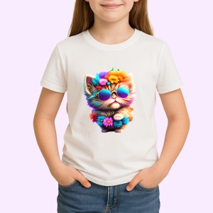 Tricou Pisica cu blana galbena si ochelari flori mov Copii | Dama | Barbat - Img 3