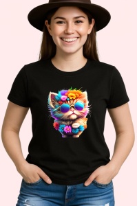 Tricou Pisica cu blana galbena si ochelari flori mov Copii | Dama | Barbat, culoare negru - Img 3
