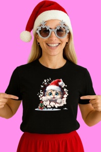 Tricou Pisica Cu Bradut Si Caciula Craciun, din bumbac 100% Copii | Dama | Barbat