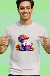 Tricou Pisica cu floare in par si cana violet cu floarea soarelui Copii | Dama | Barbat - Img 2