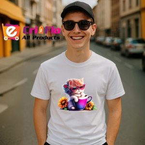 Tricou Pisica cu floare in par si cana violet cu floarea soarelui Copii | Dama | Barbat - Img 6