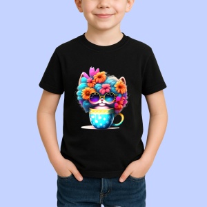 Tricou Pisica cu flori in par si cana cu buline fundal alb Copii | Dama | Barbat, culoare negru - Img 4