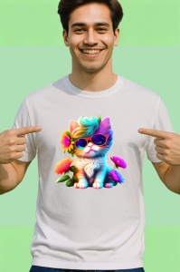 Tricou Pisica cu flori si ochelari mari fundal negru Copii | Dama | Barbat - Img 2