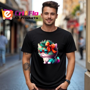 Tricou Pisica cu fundita rosie si blana curcubeu Copii | Dama | Barbat, culoare negru