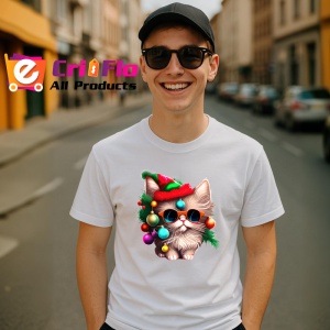Tricou Pisica cu ochelari globuri si caciula Craciun Copii | Dama | Barbat - Img 6