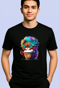 Tricou Pisica cu ochelari mari si cana cu aburi aurii Copii | Dama | Barbat, culoare negru - Img 2