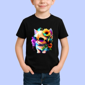 Tricou Pisica cu ochelari si casti turcoaz fundal alb Copii | Dama | Barbat, culoare negru - Img 3