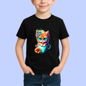 Tricou Pisica cu ochelari si flori intr o cana albastra Copii | Dama | Barbat, culoare negru - Img 4