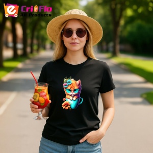 Tricou Pisica cu ochelari si flori intr o cana albastra Copii | Dama | Barbat, culoare negru - Img 7