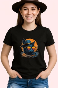 Tricou Pisica cu palarie si ochelari fundal portocaliu Copii | Dama | Barbat, culoare negru - Img 3