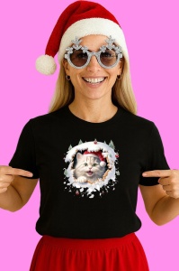 Tricou Pisica Cu Peisaj De Iarna Craciun, din bumbac 100% Copii | Dama | Barbat - Img 3