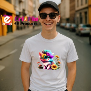 Tricou Pisica curcubeu cu flori si ochelari fundal negru Copii | Dama | Barbat