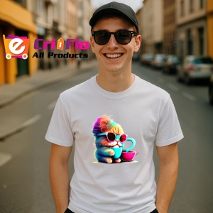Tricou Pisica curcubeu cu ochelari si cana roz Copii | Dama | Barbat - Img 5